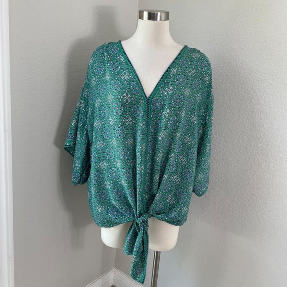 Max Studio Womens Plus 3X Green Blue V Neck Tie Front Blouse Kimono Sleeve Shirt - Picture 1 of 10